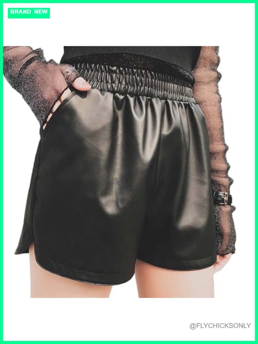 Faux Leather Shorts for Women Mid Rise Curve Hem Side Slits